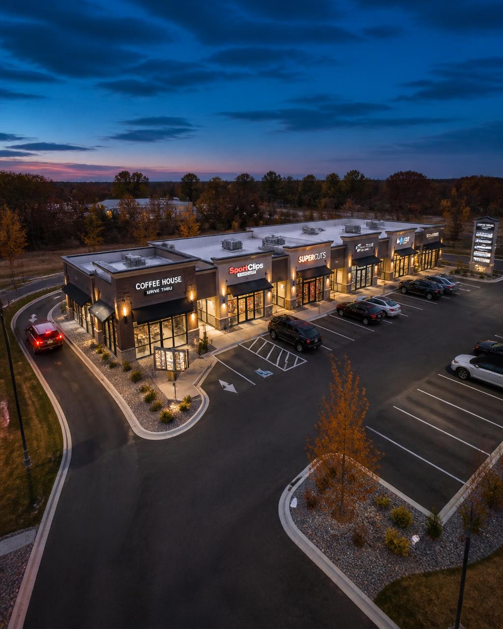Aerial view of a Midwest multi-tenant retail center at twilight